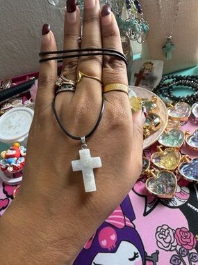 White opal Stone Cross Pendant Necklace for Women